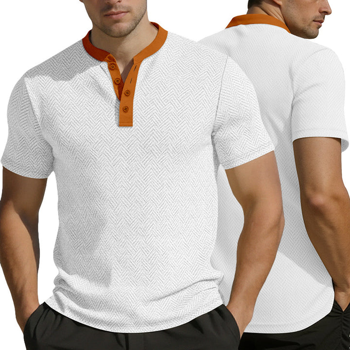 Men's slim short sleeve Henley polo shirt with Mandarin collar and fine jacquard texture StylebySassy