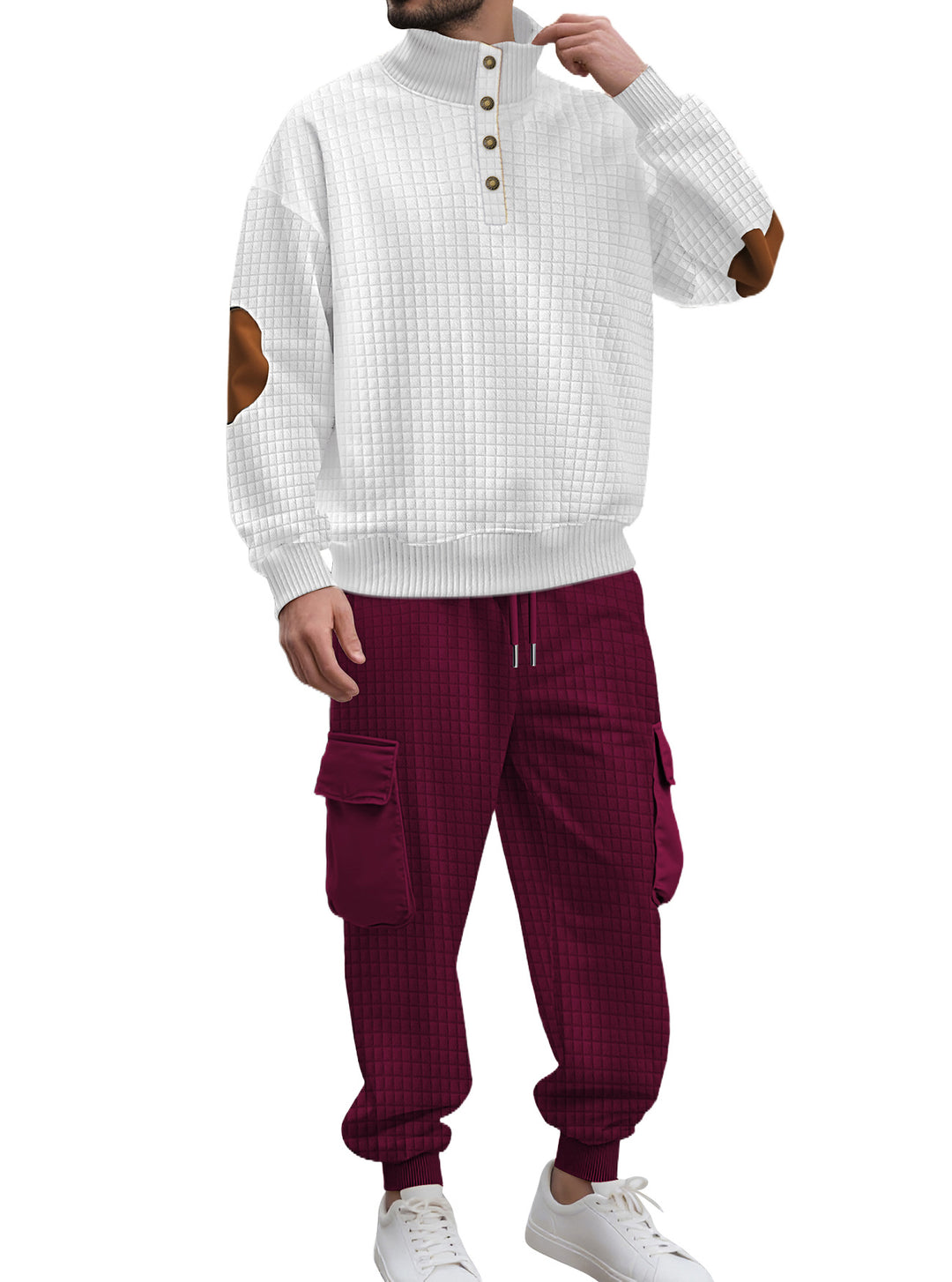 Men's check relief sweat set with stand collar button placket, velour elbow patches and cargo jogger StylebySassy