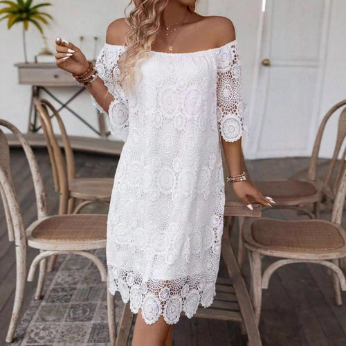 Women's off-shoulder crochet midi dress with sweetheart neckline and floral lace trim StylebySassy