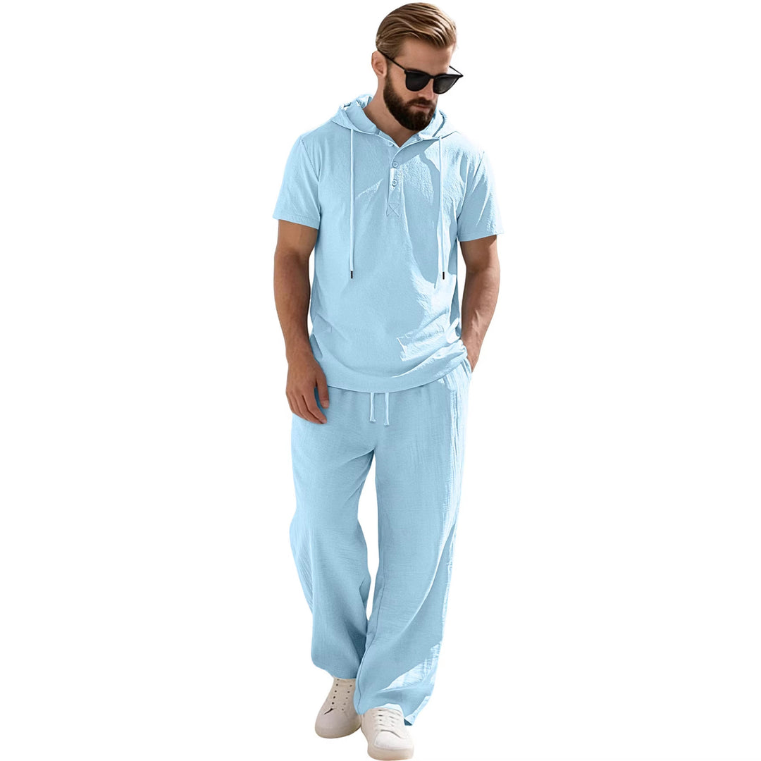 Men's casual short-sleeve hooded shirt in crinkled cotton blend with Henley button placket StylebySassy