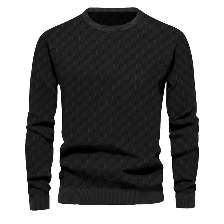 Men's finely structured round neck sweater with check relief and ribbed cuffs StylebySassy