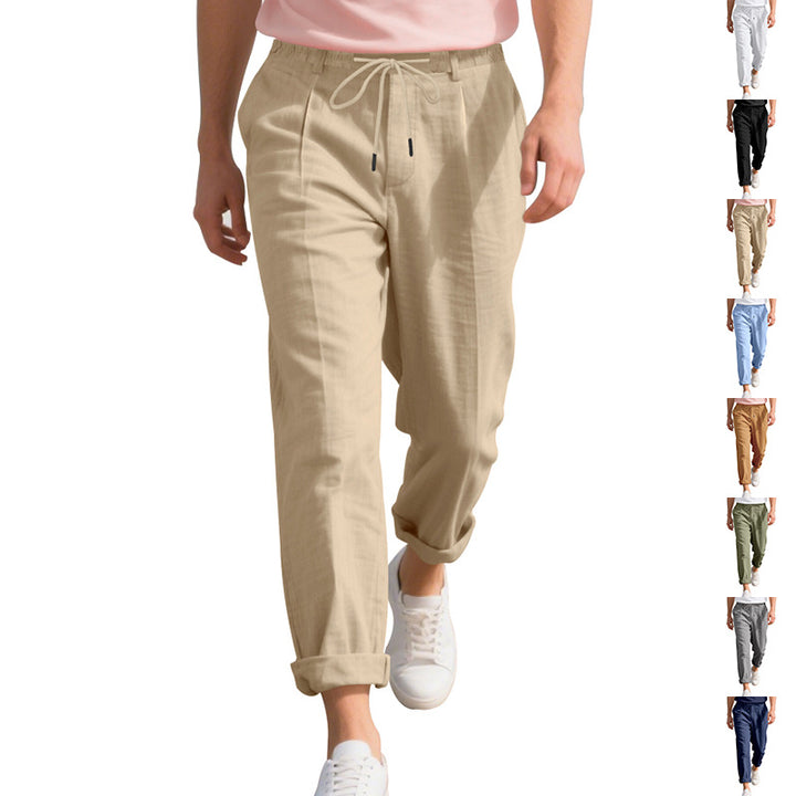 Men's beach-suitable linen blend lounge pants with elastic drawstring, subtle pleat, and rolled ankle hem StylebySassy