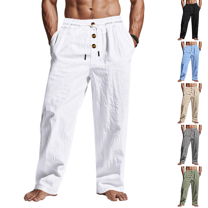 Men's relaxed pants in linen look with decorative button placket and drawstring waistband StylebySassy