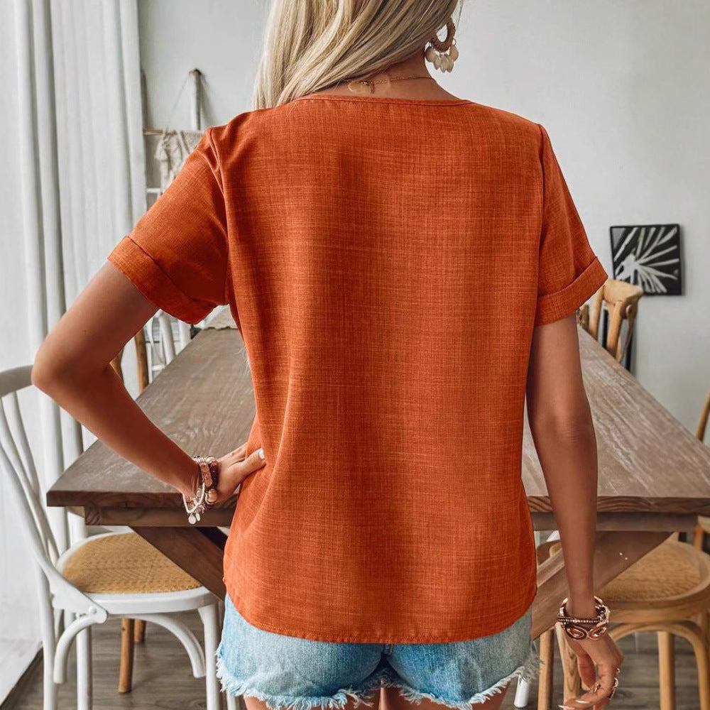Women's bauchfreies linen-look top with asymmetrical button placket and rolled sleeves StylebySassy