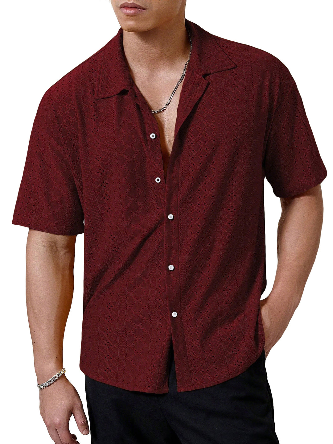 Men's short-sleeve casual shirt with openwork embroidery, lapel collar and relaxed fit StylebySassy