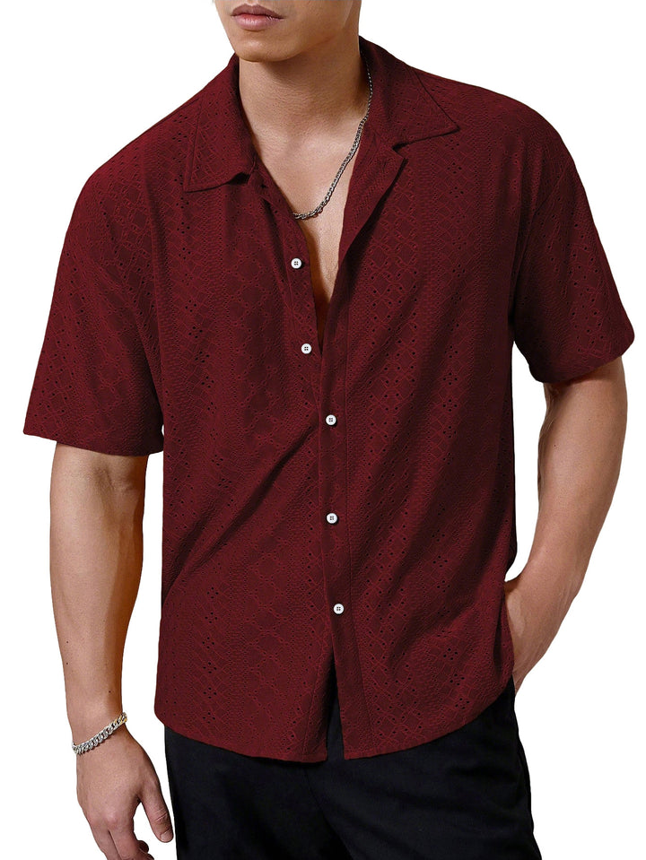 Men's short-sleeve casual shirt with openwork embroidery, lapel collar and relaxed fit StylebySassy