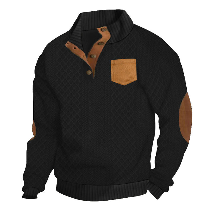 Men's cable-knit sweater with stand collar, button placket, patch breast pocket, and leather-look elbow patches StylebySassy