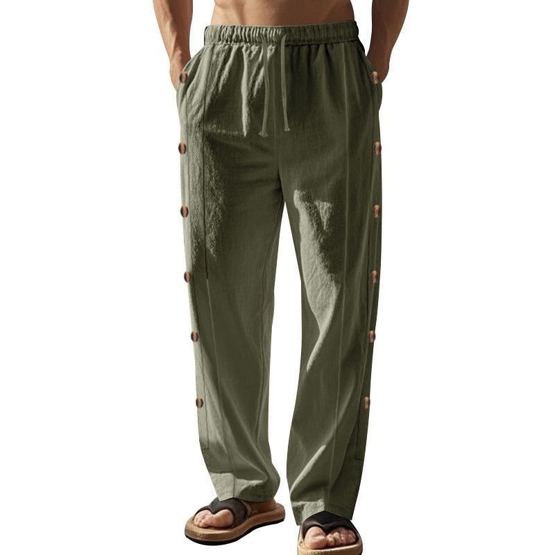Men's relaxed linen lounge pants with side button placket, elastic waistband, and side pockets StylebySassy