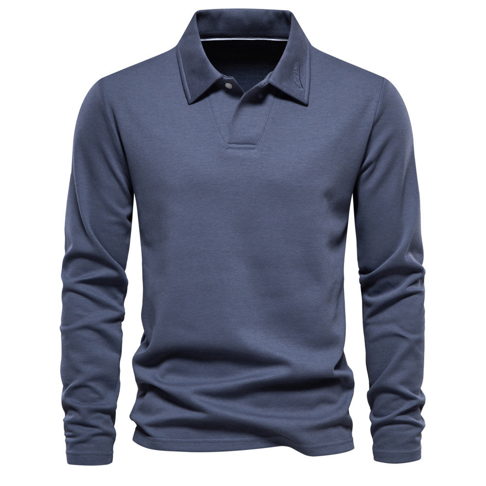 Men's long-sleeved polo shirt with open V-neck, slim fit and tone-on-tone collar embroidery StylebySassy