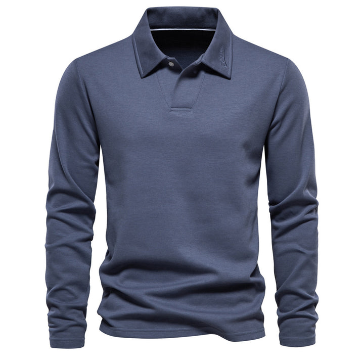 Men's long-sleeved polo shirt with open V-neck, slim fit and tone-on-tone collar embroidery StylebySassy