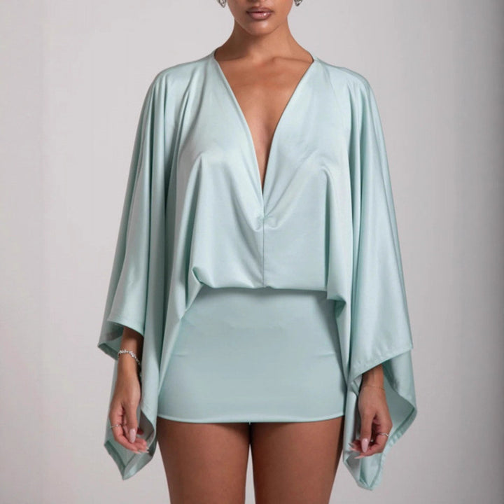 Women nan cape mini dress with deep V-neck, batwing sleeves and tailored mini skirt StylebySassy