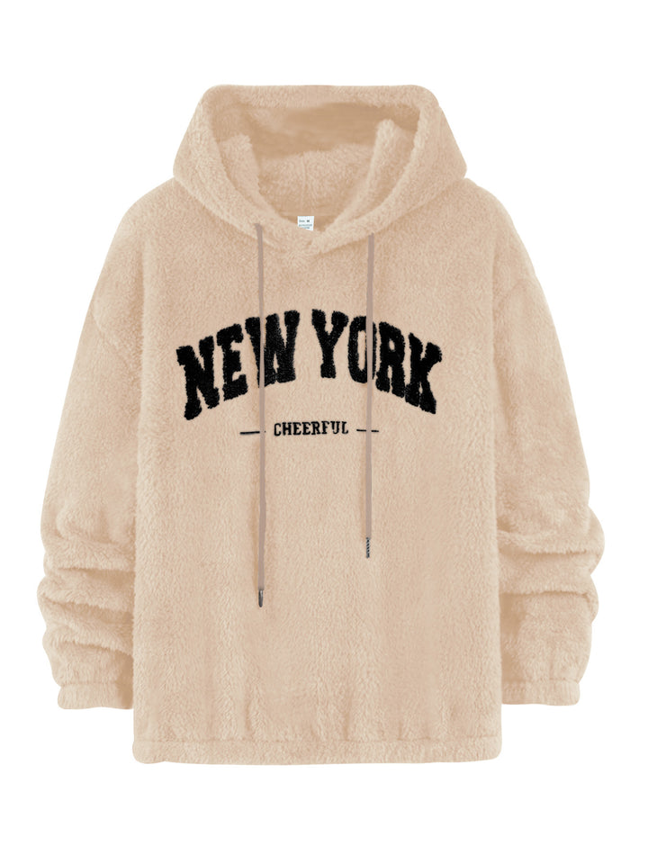 Unisex nan cozy plush hoodie with chenille logo, hood and elastic hem StylebySassy