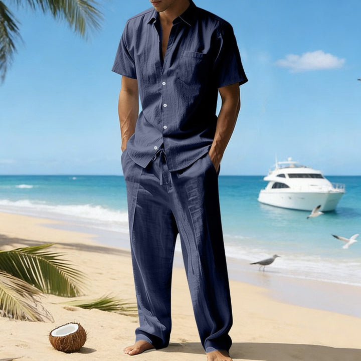 Men's resort-appropriate short-sleeve shirt with chest pocket and casual linen drawstring pants StylebySassy