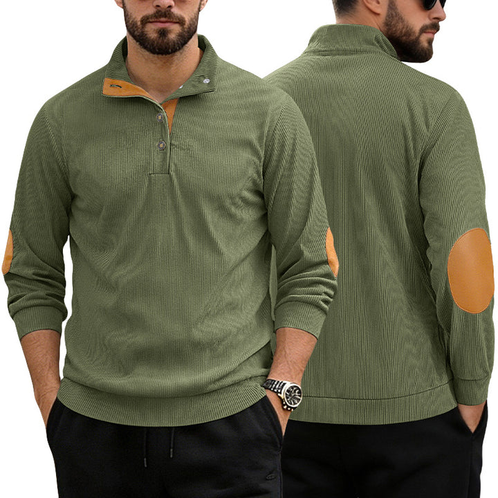 Men's casual structured sweater with polo collar, short button placket and vegan leather trims StylebySassy