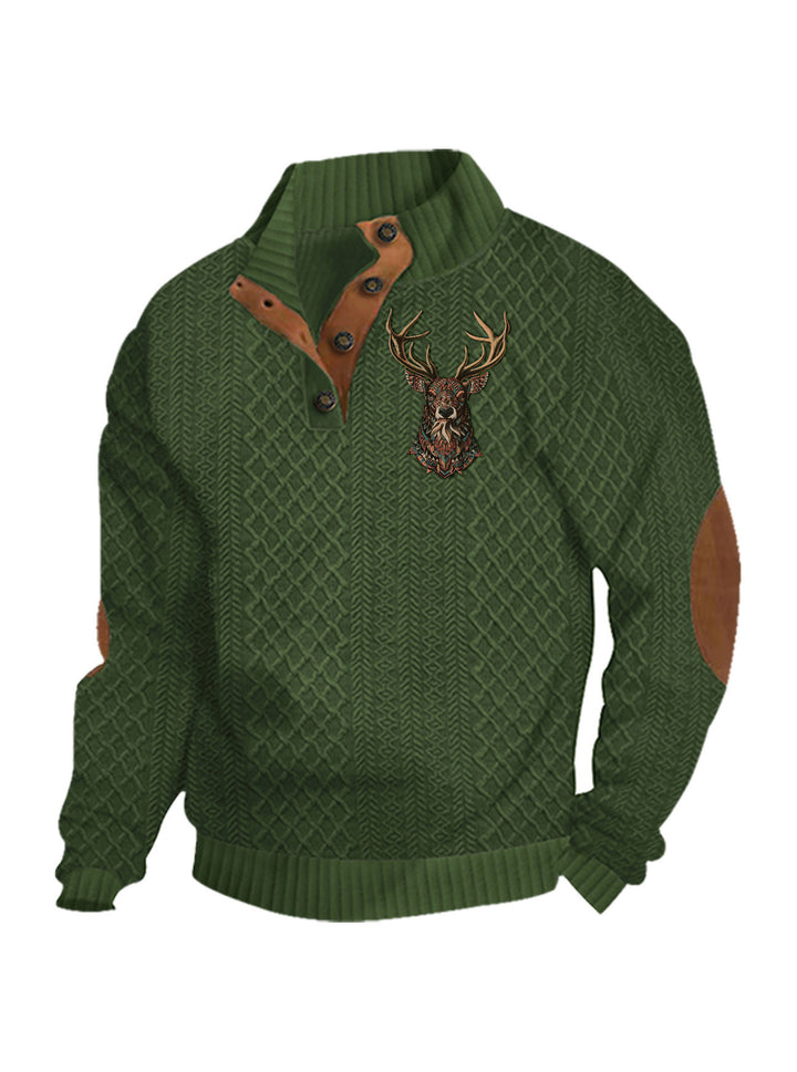 Men's nan Heritage textured pullover with stand-up collar faux leather trim elbow patches and half-button placket StylebySassy