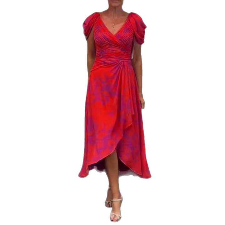 Women's festive chiffon mididress with crossed V-neck, waist gathering, and asymmetrical tulip skirt StylebySassy