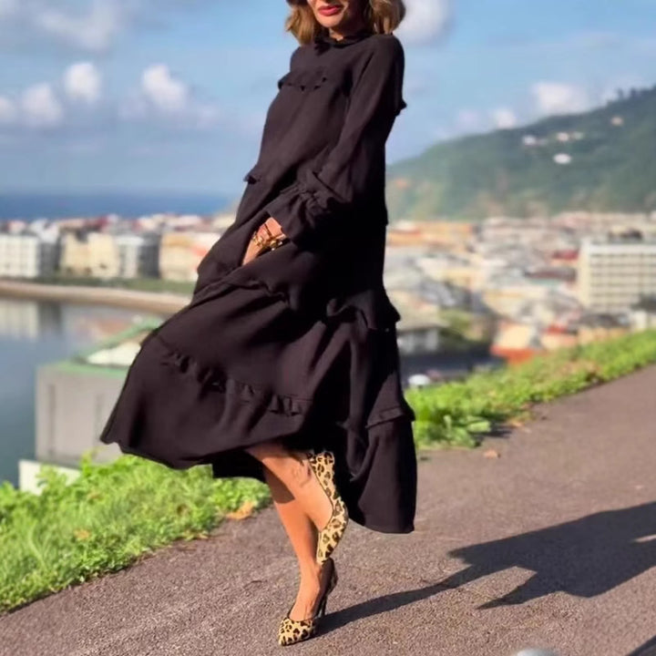 Women's nan castiges tiered midi dress with ruffled collar, gathered cuffs, and hidden side pockets StylebySassy