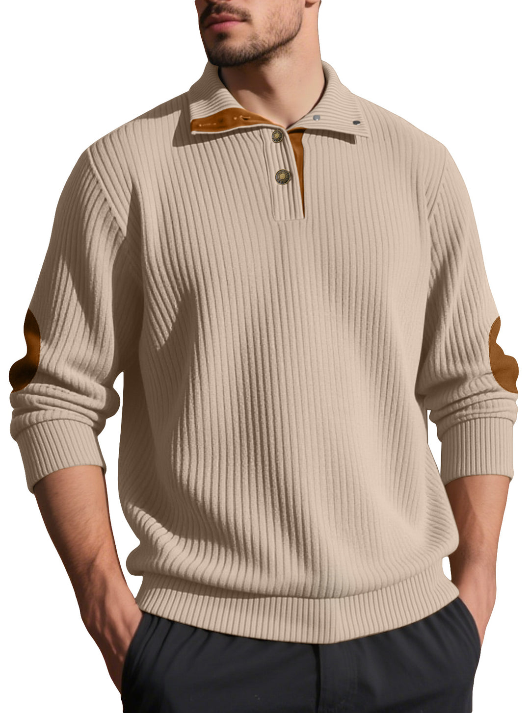 Men's ribbed half-button pullover with Kent collar and leather trim StylebySassy