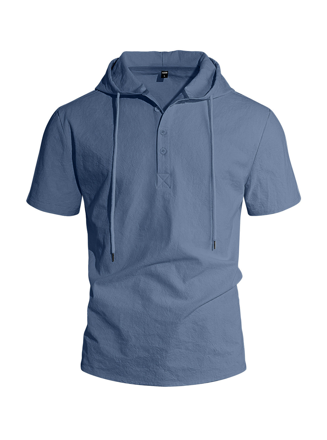 Men's short-sleeved hooded Henley made of slub cotton with concealed button placket and drawstring StylebySassy