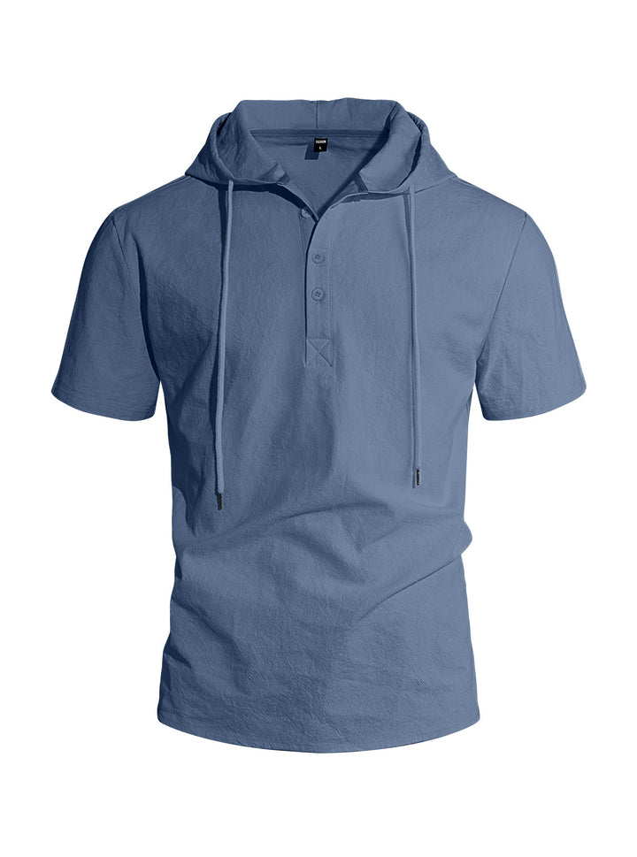 Men's short-sleeved hooded Henley made of slub cotton with concealed button placket and drawstring StylebySassy