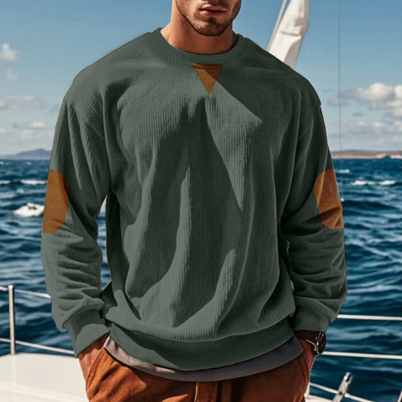 Men's ribbed knit sweater with round neckline elbow patches and decorative triangle StylebySassy