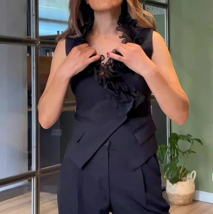 Women's sleeveless vest set with ruffled lace collar and high-cut pleated trousers in suit style StylebySassy