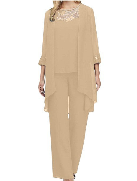 Women's flowing chiffon evening ensemble with lace trim, kimono cardigan and wide palazzo pants StylebySassy