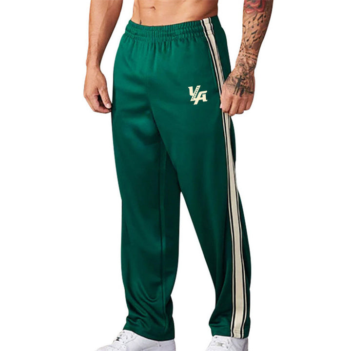 Men's straight-cut training pants with elastic comfort waistband, side double stripe, and thigh logo print StylebySassy