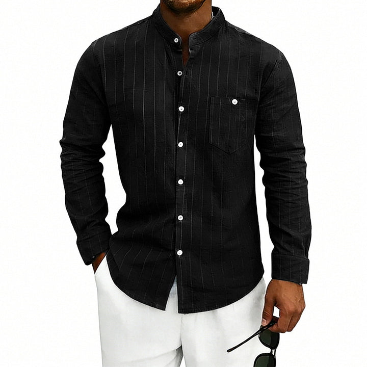 Men's breathable pinstripe long-sleeve shirt with stand collar, chest pocket, and rounded hem StylebySassy