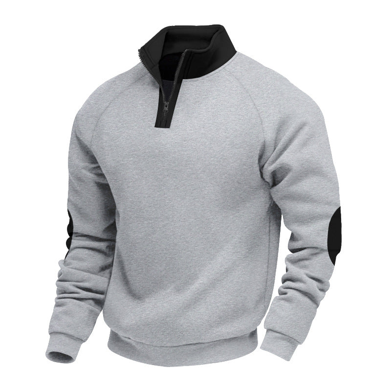 Men's half-zip fleece pullover with a high stand collar and contrasting elbow patches StylebySassy