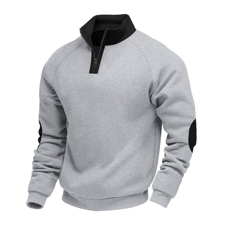 Men's half-zip fleece pullover with a high stand collar and contrasting elbow patches StylebySassy
