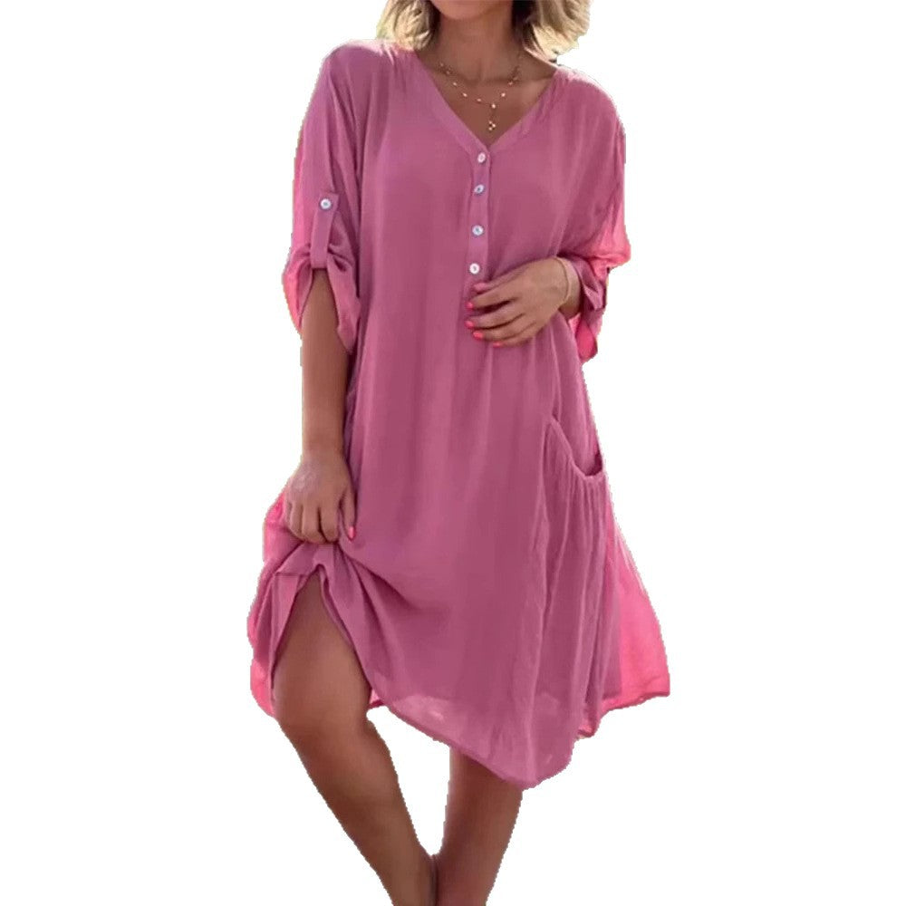 Ladies light V-neck tunic dress with button placket, patch pocket and roll-up sleeves StylebySassy