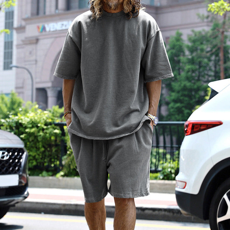 Men's casual short-sleeve shirt with loose sweat shorts made of heavy cotton jersey StylebySassy
