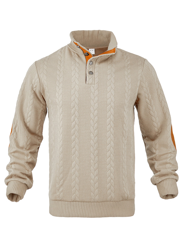 Men's Cable Knit Half Button Sweater with High Stand Collar and Suede Elbow Patches StylebySassy