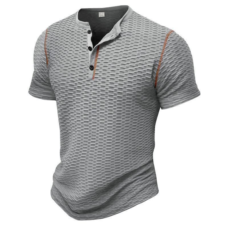 Men's structured short-sleeve henley with three-dimensional relief structure, reinforced button placket, and contrast piping StylebySassy