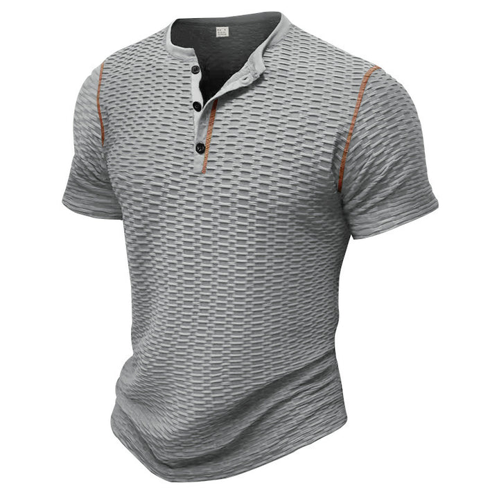 Men's structured short-sleeve henley with three-dimensional relief structure, reinforced button placket, and contrast piping StylebySassy