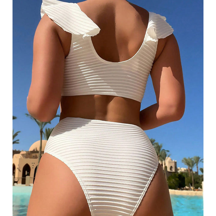 Ladies high-waisted bikini set with ruffle details and gold accents StylebySassy