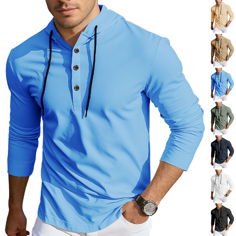 Men's Hooded Henley Long Sleeve Shirt made of lightweight stretch jersey with drawstring StylebySassy