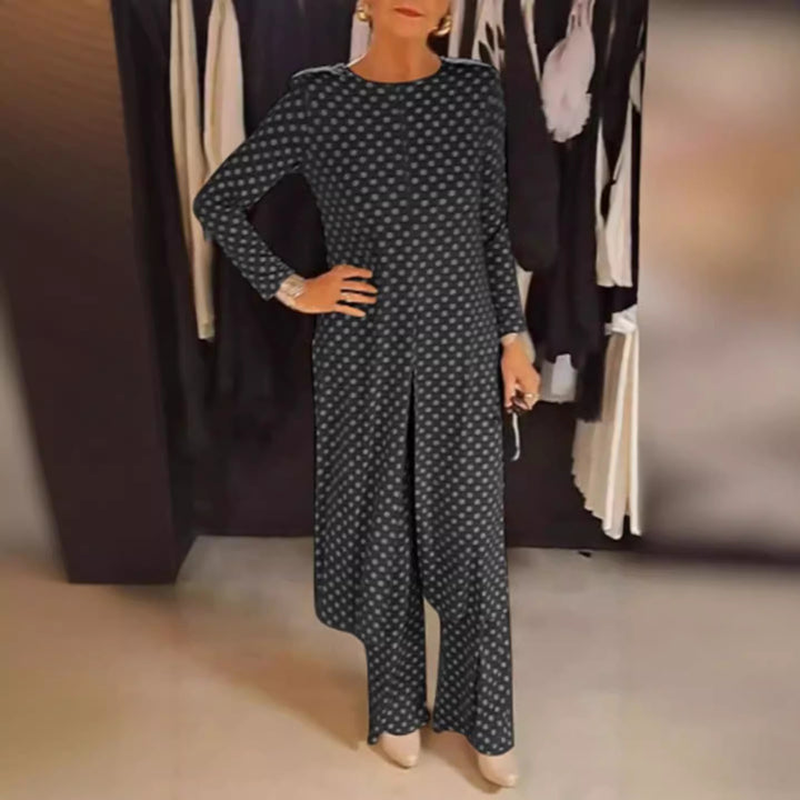 Women Nan Polka Dot Lounge Set with Long A-Line Tunic, Center Front Slit, and Wide Palazzo Pants StylebySassy