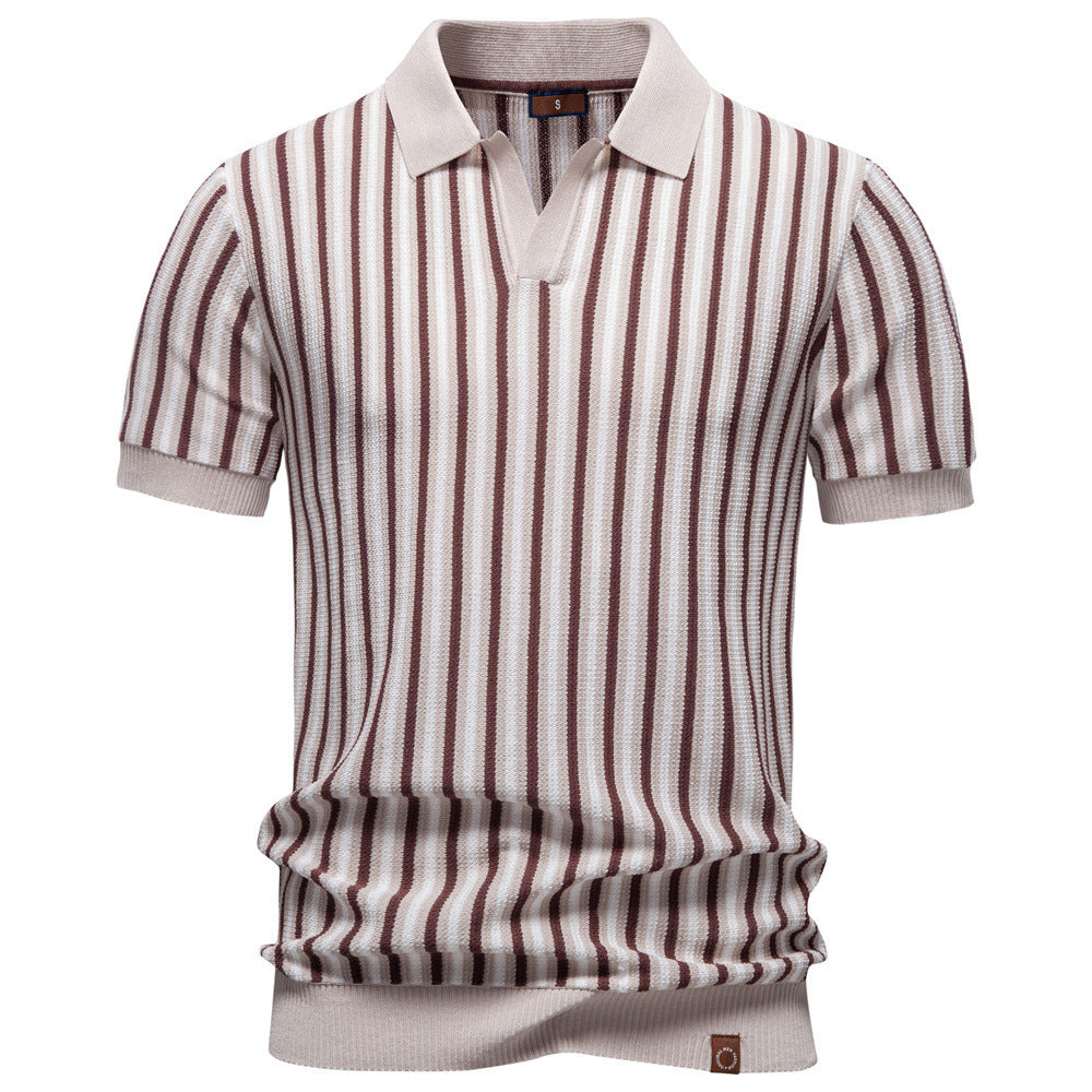Men's striped knit polo shirt short sleeve made of fine cotton blend with polo collar and ribbed cuffs StylebySassy