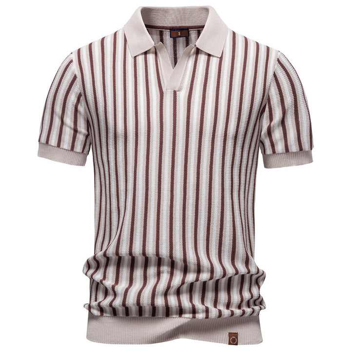 Men's striped knit polo shirt short sleeve made of fine cotton blend with polo collar and ribbed cuffs StylebySassy
