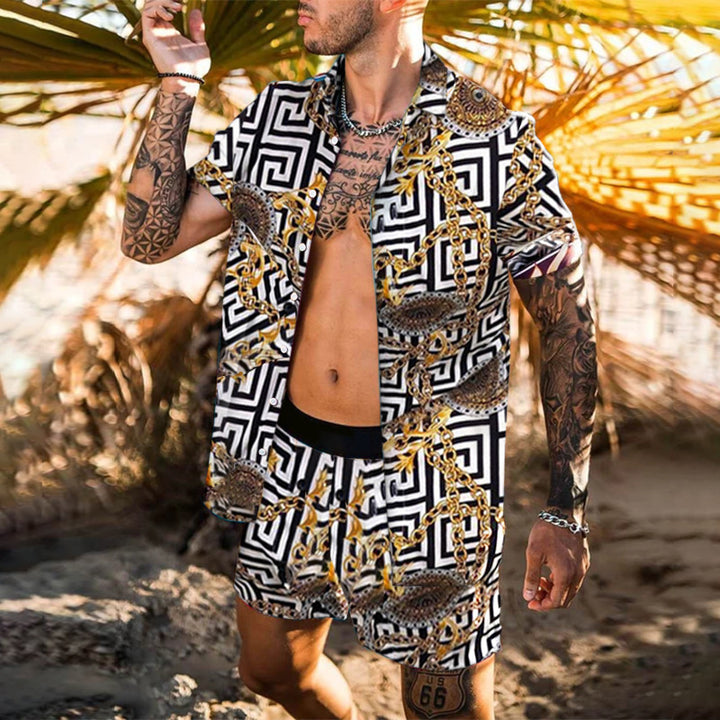 Men's short-sleeved shirt with baroque pattern and matching loose-fitting shorts StylebySassy