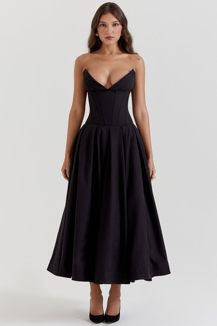 Women's strapless corset midi dress with pre-shaped bodice construction and flared circle skirt StylebySassy