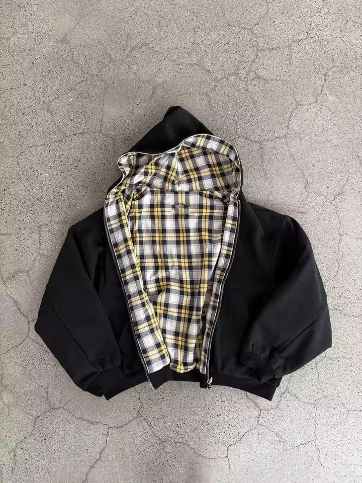 Unisex non-padded hooded jacket with checked flannel lining and zipper StylebySassy