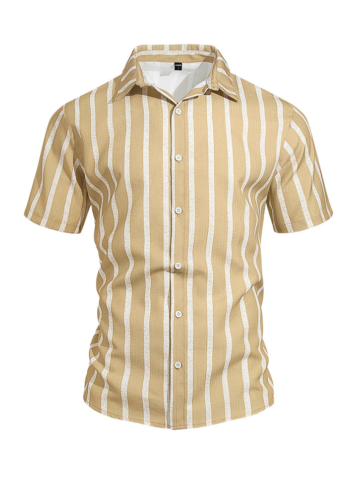 Men's casual short sleeve shirt with vertical block stripes, open lapel collar, and lightweight cotton-linen blend StylebySassy