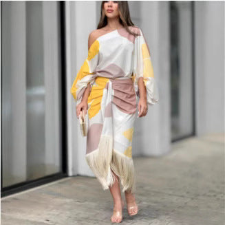 Women's nano asymmetrical draped midi dress with one-sided shoulder, voluminous sleeve cut and fringe hem StylebySassy