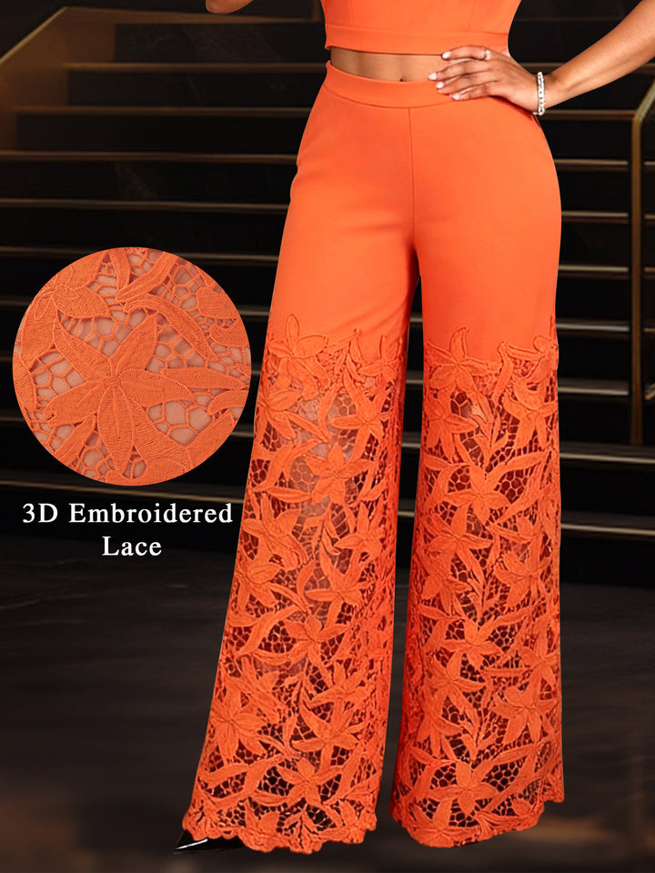 Ladies elegant wide-cut trousers with 3D embroidered lace accents StylebySassy