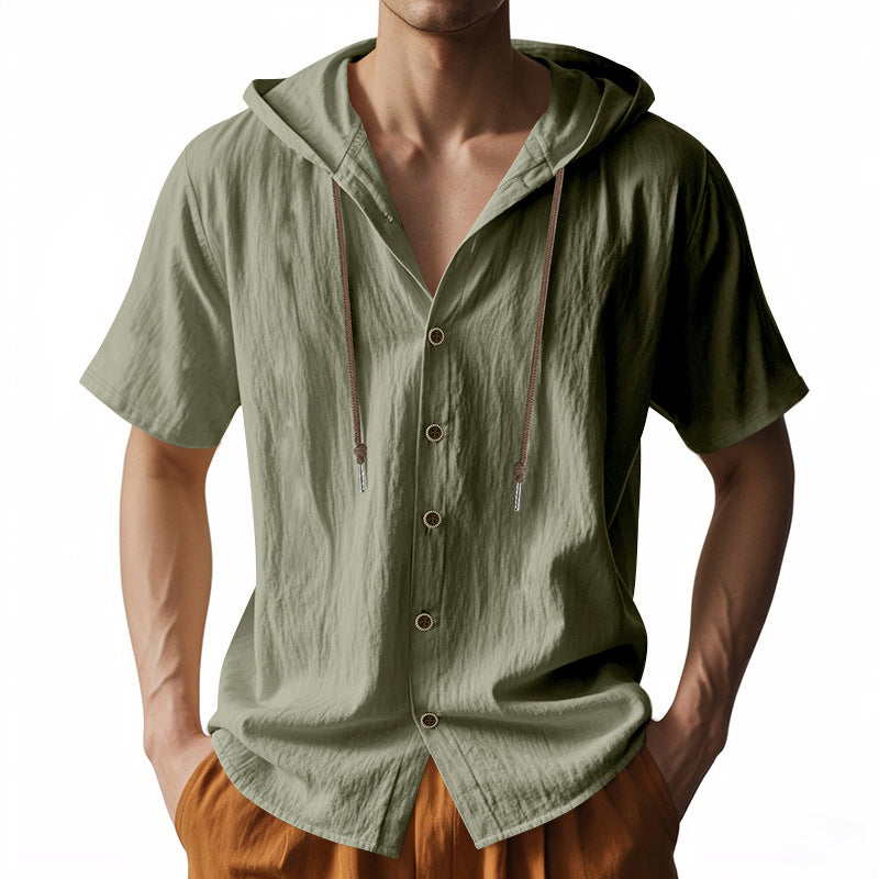Men's lightweight short-sleeve hooded shirt with button placket and breathable cotton blend StylebySassy