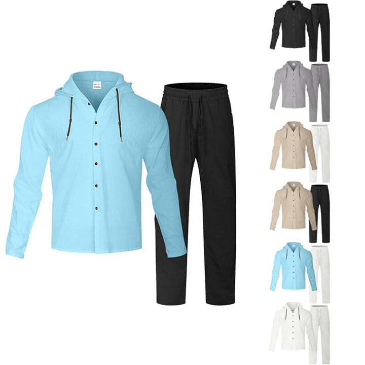 Men's casual hoodie shirt with continuous button placket, decorative drawstring, and relaxed fit StylebySassy