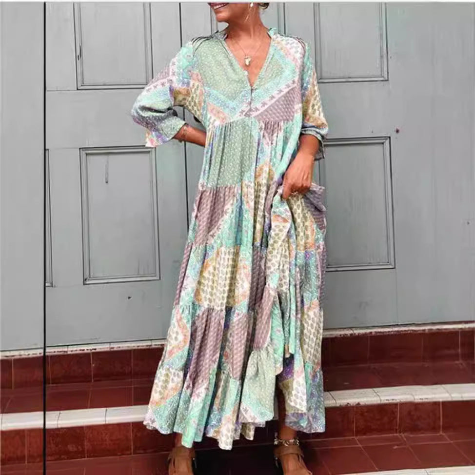 Women's nan Patchwork tiered maxi dress with V-neck, partial button placket, gathered yoke and side pockets StylebySassy